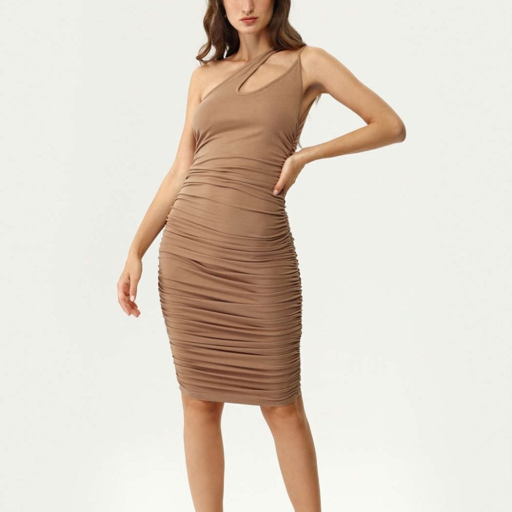 Cider Asymmetrical Neckline  Bodycon Midi Dress